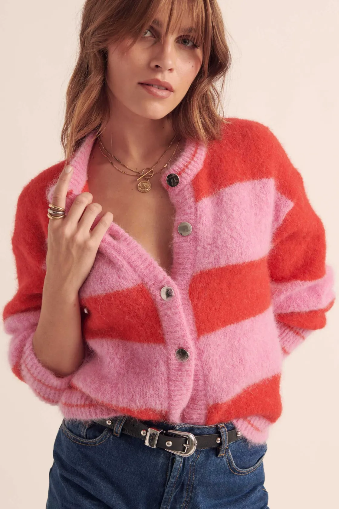 Homewear | Pulls Et Cardigans-Balzac Paris Cardigan Douceur Rayures rose et rouge