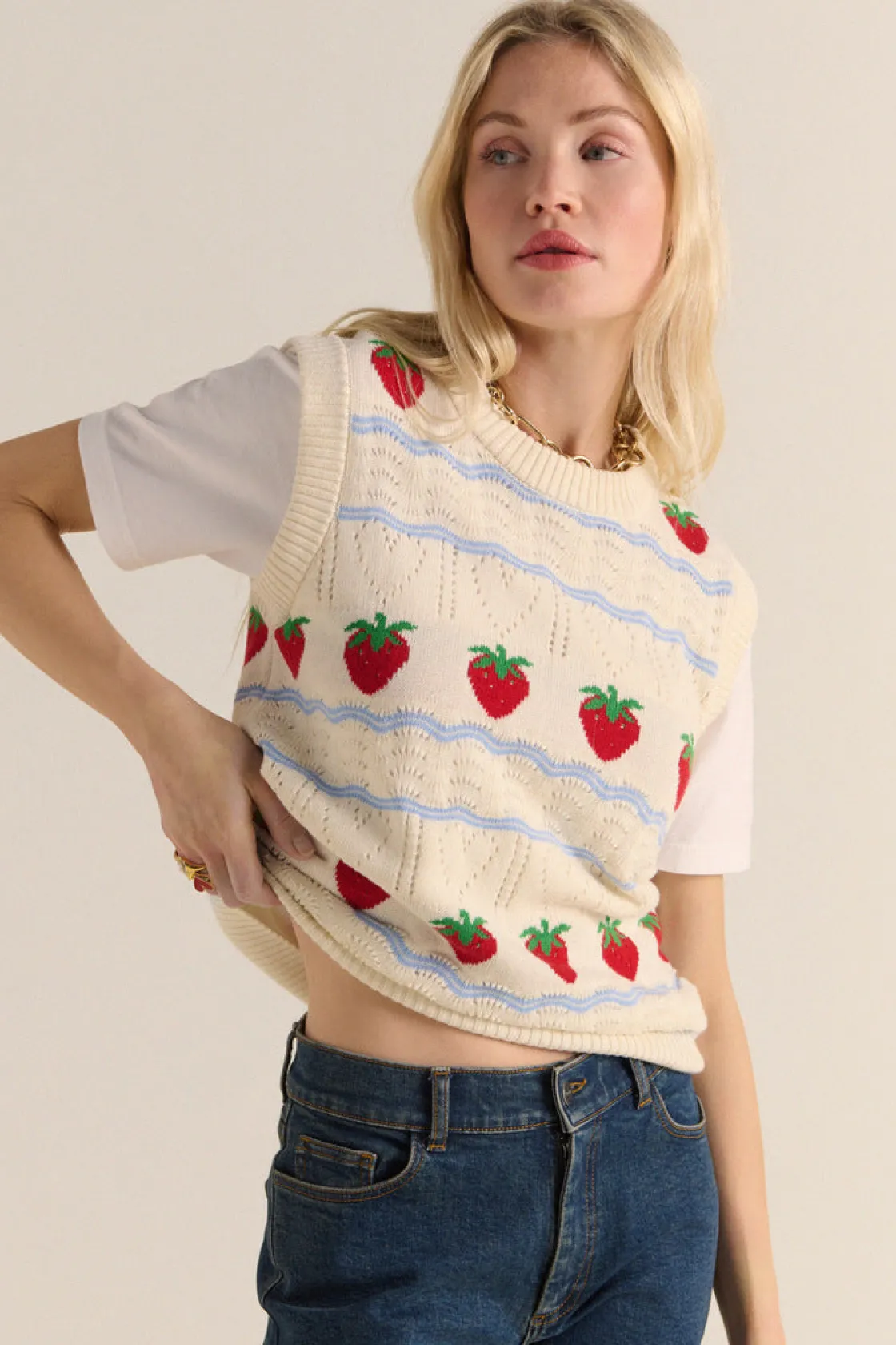 Pulls Et Cardigans-Balzac Paris Pull Priska écru et fraises rouges Écru et fraises rouges